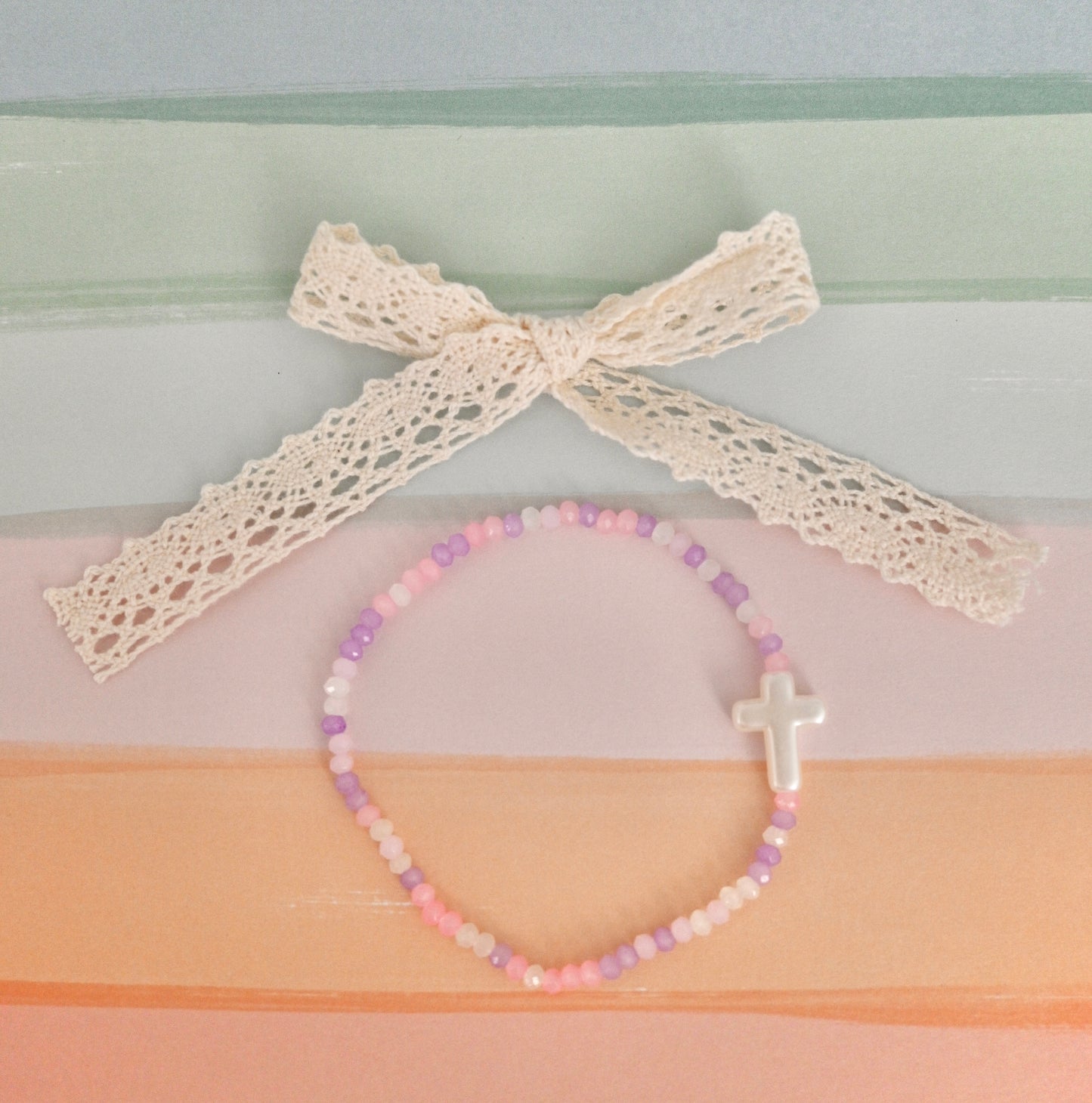 Pink & Purple Glass Beads with Cross Charm Bracelet