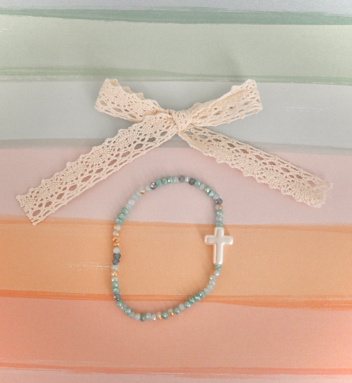 Blue & Brown Glass Beads with Cross Charm Bracelet