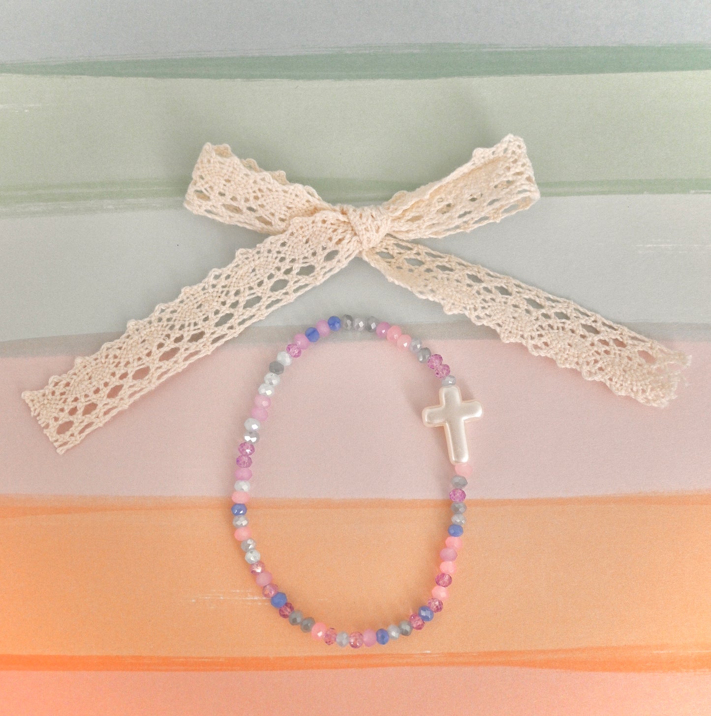 Purple & Blue Glass Beads with Cross Charm Bracelet