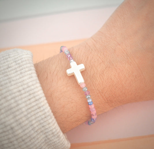 Purple & Blue Glass Beads with Cross Charm Bracelet
