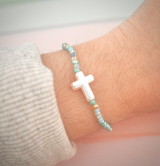 Blue & Brown Glass Beads with Cross Charm Bracelet