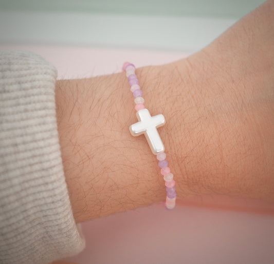 Pink & Purple Glass Beads with Cross Charm Bracelet